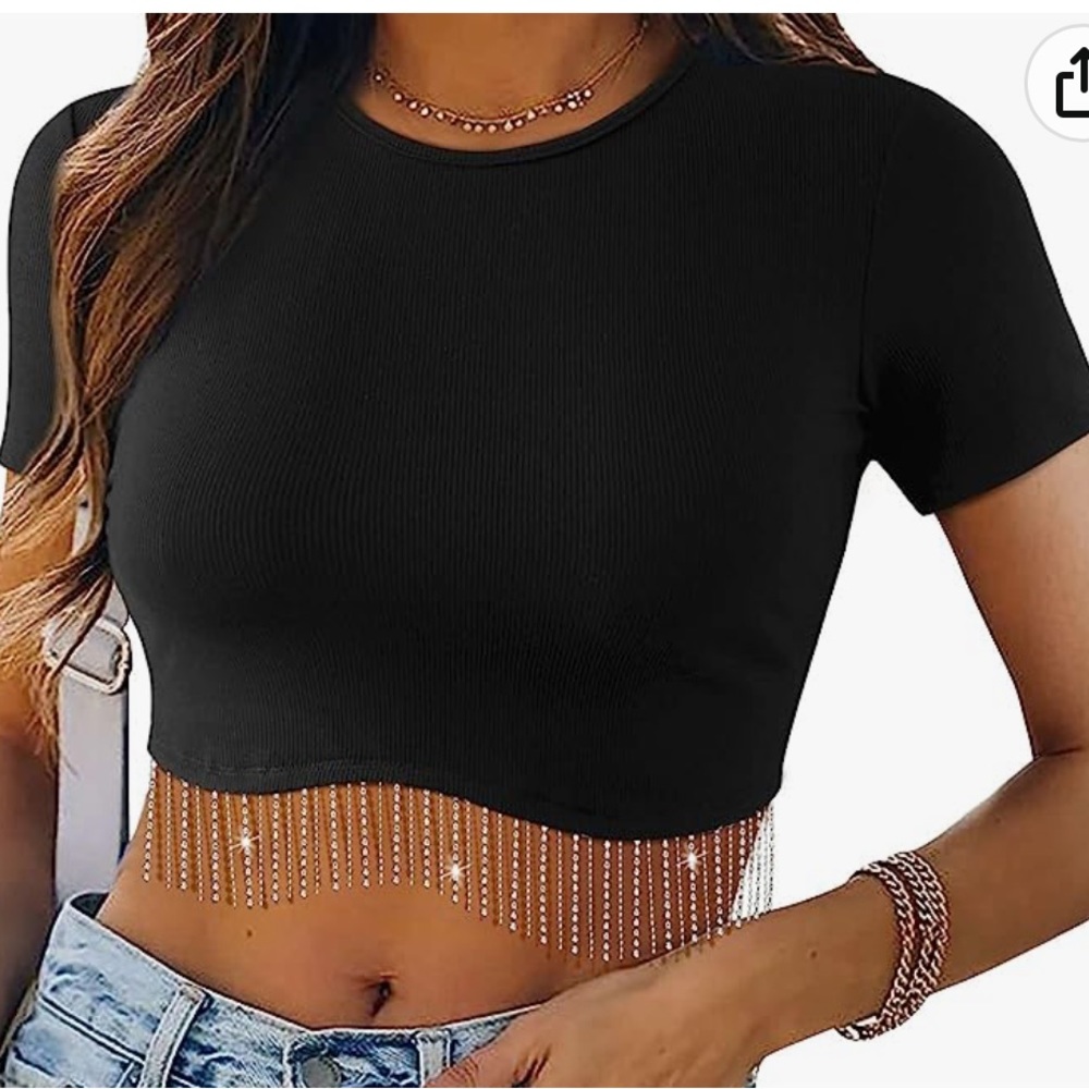 Nashville Sparkly Glitter Fringe Short Sleeve Cropped Top with Rhinestone Tassel